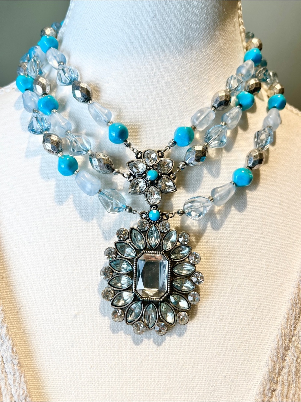Turquoise Silver Multi‑Strand Statement Floral Necklace – Boho Vintage‑Inspired